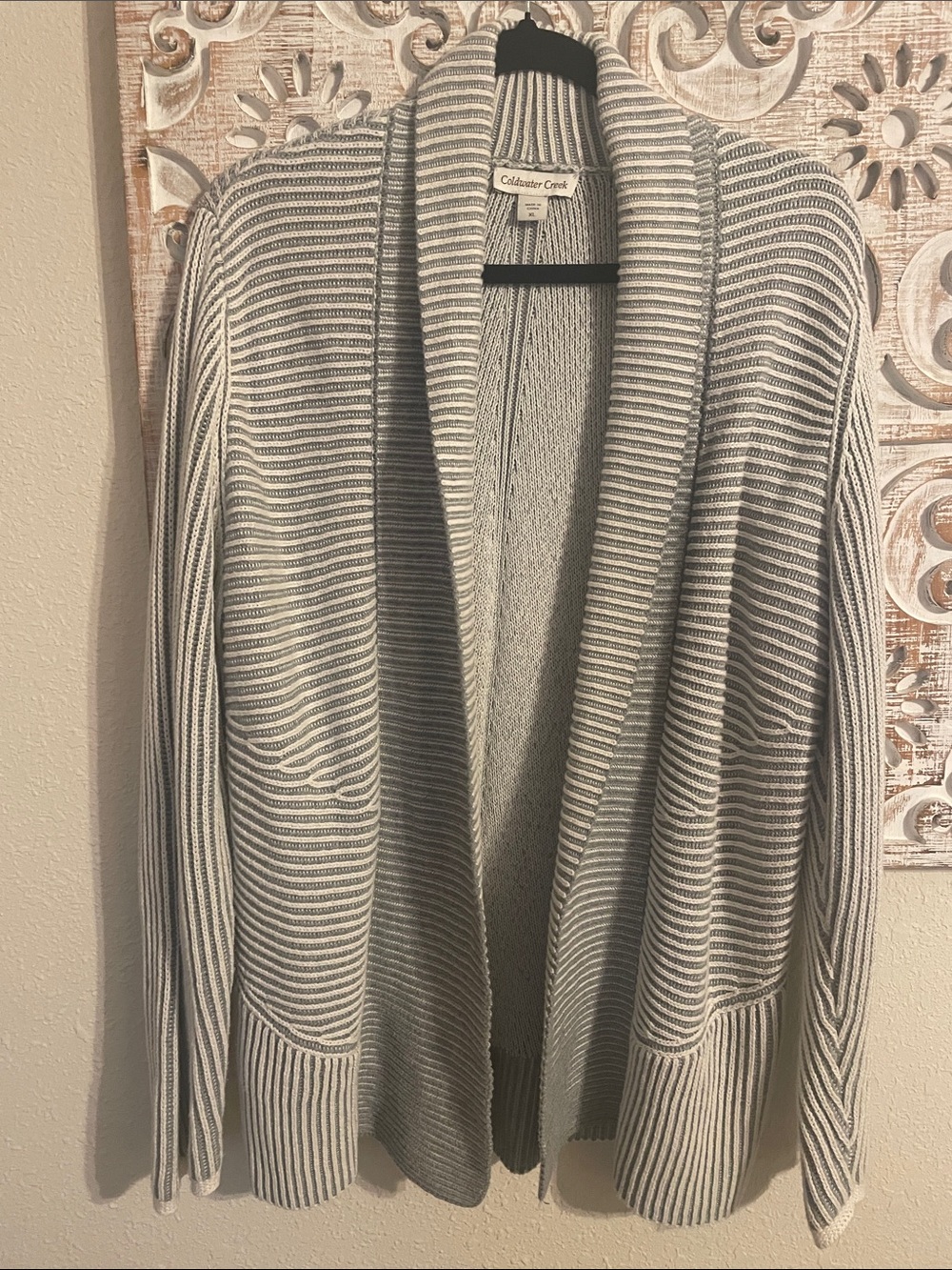 Coldwater Creek Gray & White Striped Open Cardigan